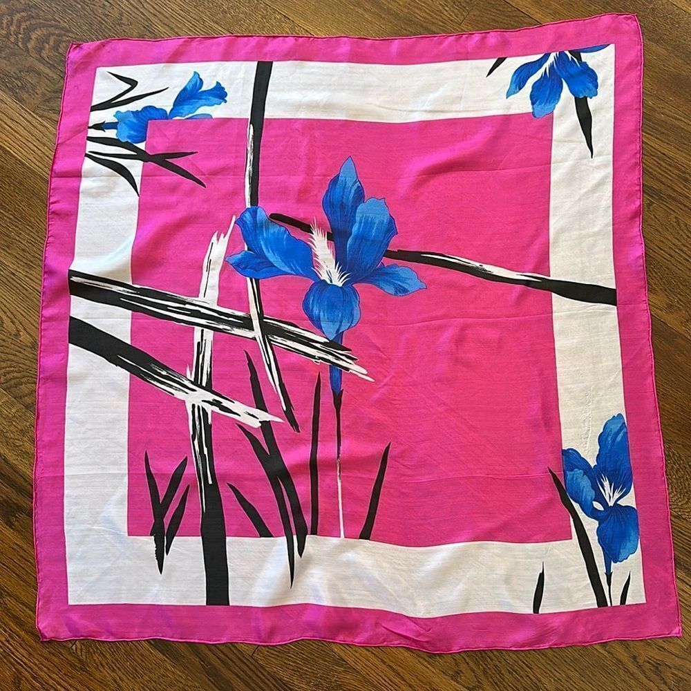 Lovely vintage bright pink, white & black large scarf with blue irises